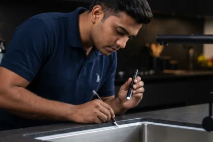 a silicone crew specialist inspecting kitchen sink