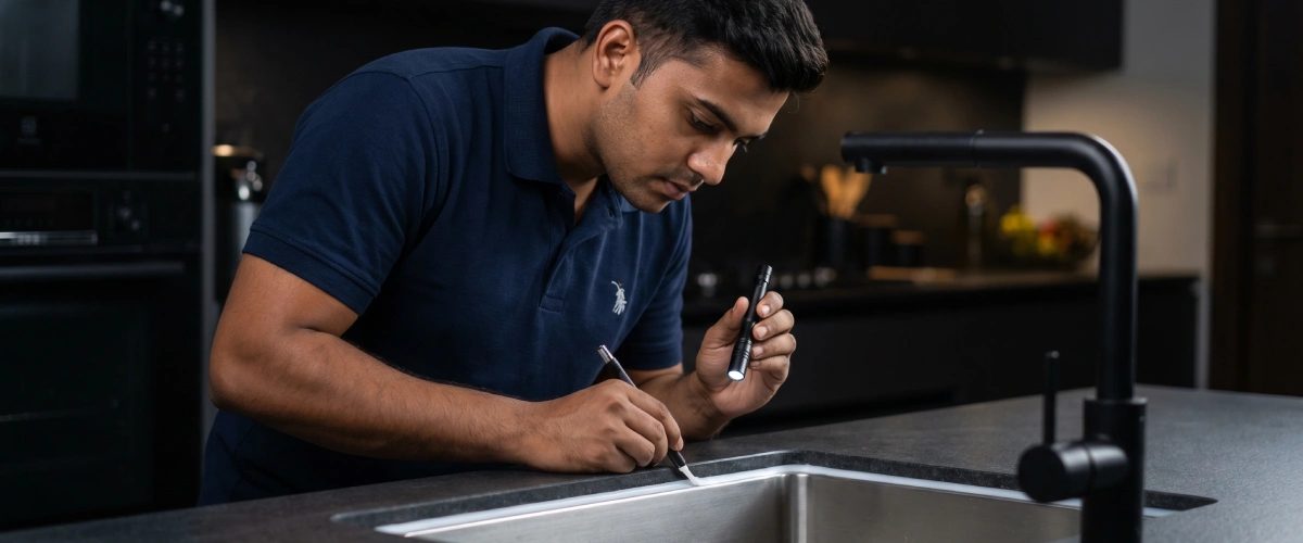 a silicone crew specialist inspecting kitchen sink
