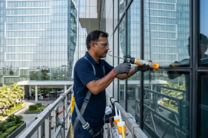 a silicone specialist is applying silicone on facade window of a prestious hotel