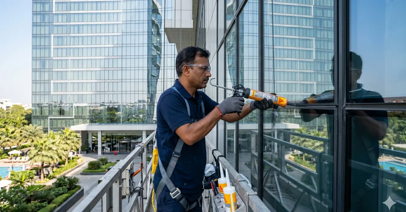 a silicone specialist is applying silicone on facade window of a prestious hotel